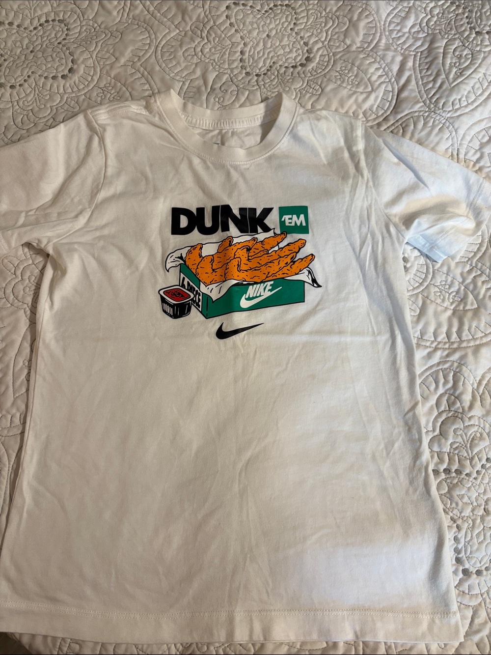 Kid’s Nike White 'DUNK' Graphic T-Shirt with Orange & Green Print